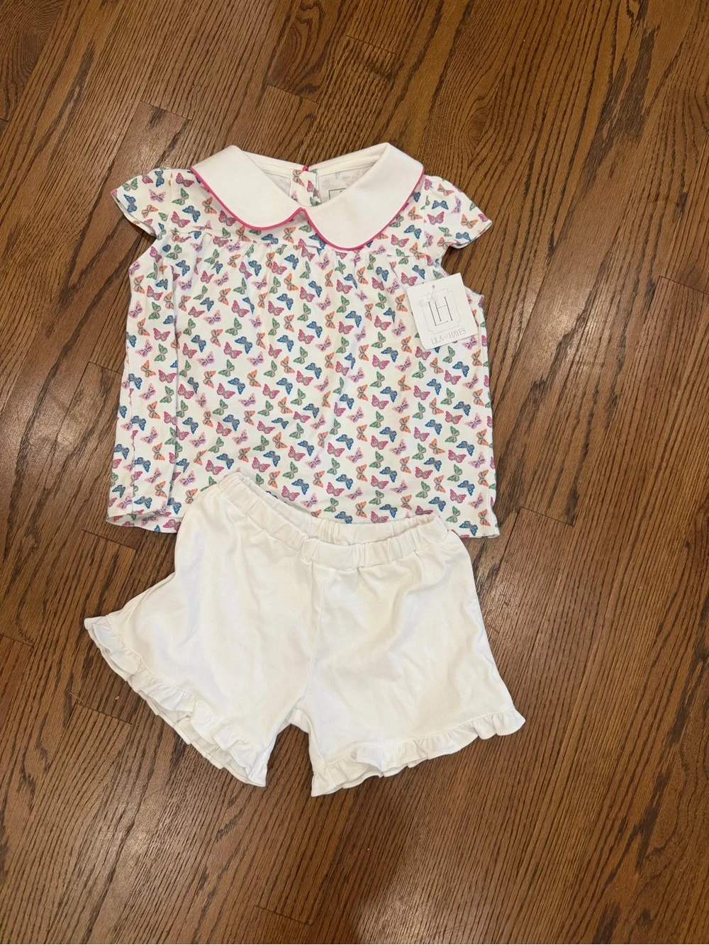 White Butterfly Print Set with Pink-Trim Peter Pan Collar